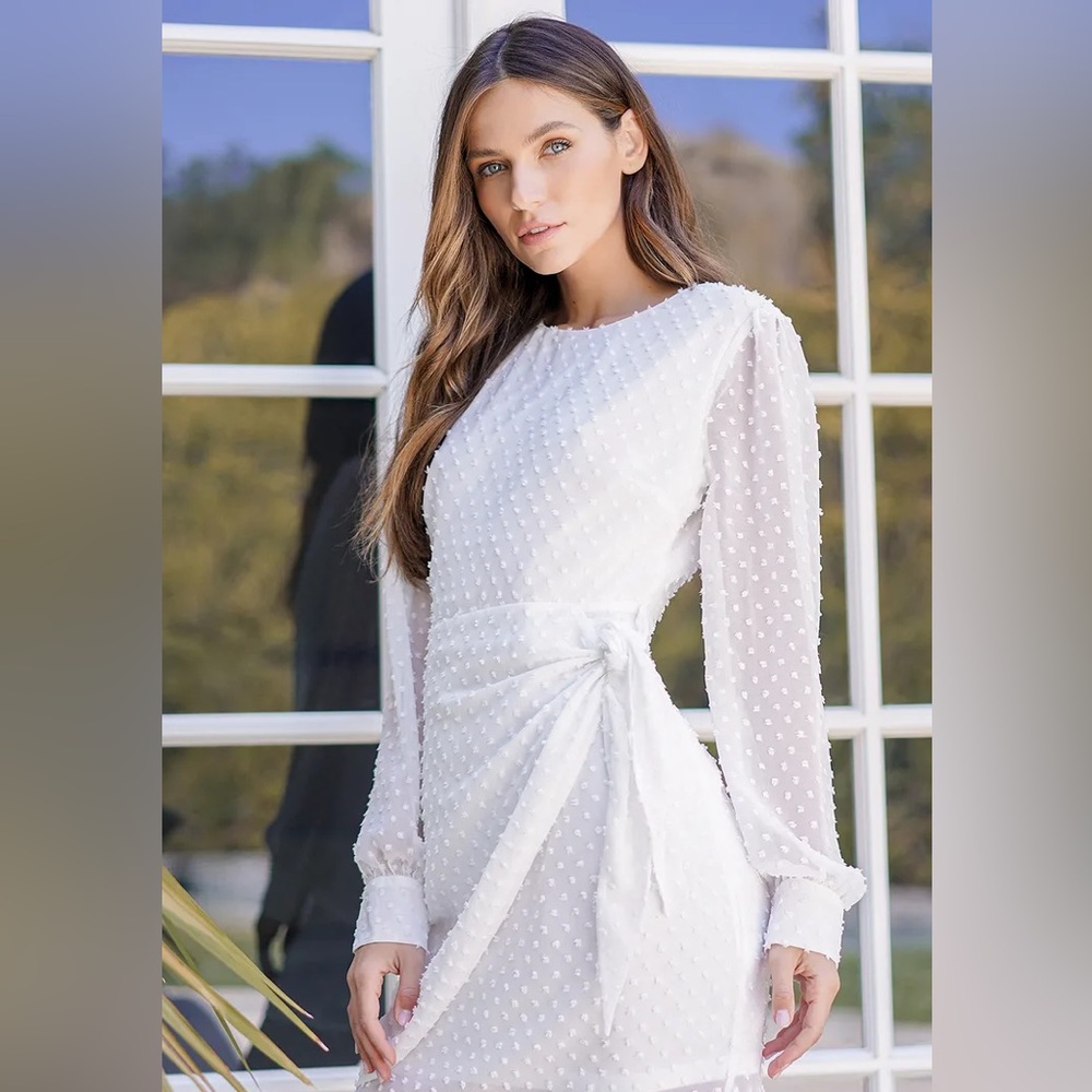 NWT: Much Love White Swiss Dot Long Sleeve Tie-Front Mini Dress